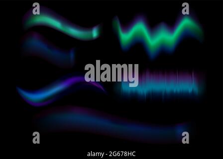 Illustrazione vettoriale della collezione dell'aurora boreale isolata su sfondo nero. Set luci astratte, luci Aurora. Illustrazione Vettoriale