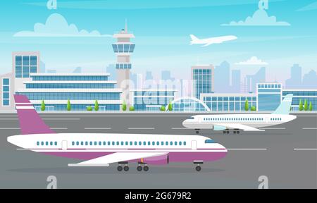 Illustrazione dell'edificio del terminal aeroportuale con un grande aereo e un aereo che decolgono sullo sfondo moderno della città. Stile cartoon piatto. Illustrazione Vettoriale