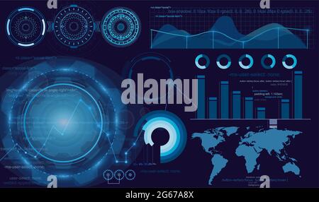 Illustrazione vettoriale del display futuristico, design hud dell'interfaccia, infografica, grafico o onde di scansione, freccia di avvertimento e regolatore a barre. Tecnologia e. Illustrazione Vettoriale