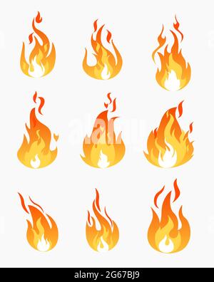 Illustrazione vettoriale insieme di icone di fiamme fuoco su sfondo bianco. Collezione di fiamme in forme diverse in stile piatto. Illustrazione Vettoriale