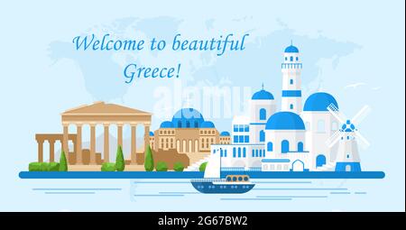 Illustrazione vettoriale del concetto di viaggio Grecia. Benvenuti in Grecia. Edifici di Santorini, l'Acropoli e le icone dei templi. Banner turistico in colori brillanti e. Illustrazione Vettoriale