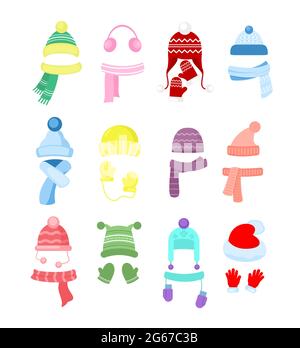 Illustrazione vettoriale Set di colorati cappelli invernali o autunnali, collezione di copricapo. Cappelli a maglia, sciarpe e guanti per ragazze e ragazzi isolati su bianco Illustrazione Vettoriale