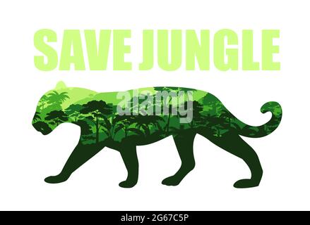 Illustrazione vettoriale del concetto di "Save Jungle" con la silhouette jaguar e le foreste pluviali all'interno. Foresta tropicale sfondo giungla, salvare la natura Illustrazione Vettoriale