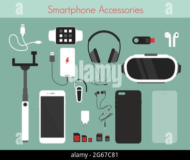 Illustrazione vettoriale Set di diversi accessori telefonici su sfondo verde. Smartphone con power bank, caricabatterie e cuffie, orologio, realtà 3D Illustrazione Vettoriale