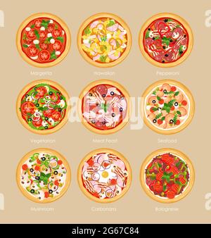 Illustrazione vettoriale insieme di pizza con ingredienti diversi, pizza vegetariana, margarita e frutti di mare. Menu pizza in stile piatto. Illustrazione Vettoriale