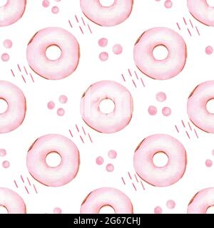 Ciambelle rosa acquerello clipart carta digitale. Dipinto a mano dolce cibo da forno illustrazione. Grafica decorativa. Foto Stock