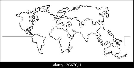 Disegno a linea singola di una mappa mondiale - disegno a linea vettoriale Illustrazione Vettoriale