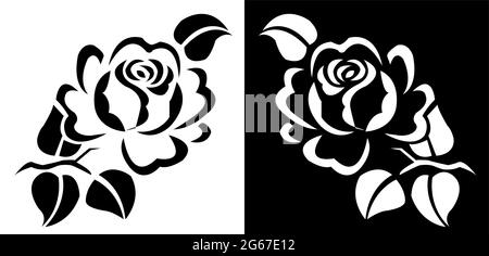 Fiore di rosa con foglie - sega a spirale indiana tradizionale e culturale, Intarsia, T Shirt design, adesivo da parete, Tattoo o goffratura vettore line art Illustrazione Vettoriale