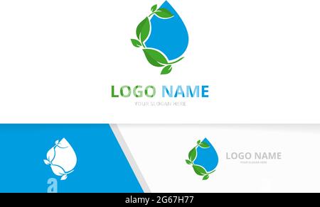 Combinazione di gocce d'acqua e foglie Premium. Modello di progettazione del logotipo business aqua drop. Illustrazione Vettoriale