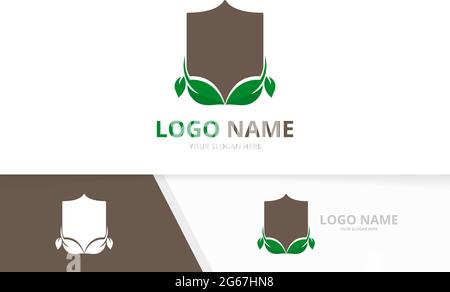 Logotipo di protezione aziendale. Modello con logo Shield and Leaves. Illustrazione Vettoriale