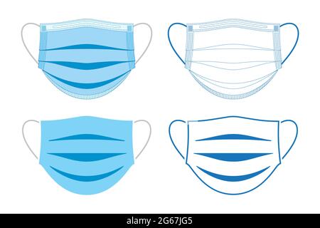 Vector set of medical face mask icons in flat color and outline styles. Illustrazione Vettoriale