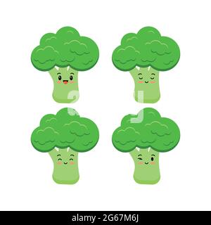 Carino broccoli divertente cartone animato verdura icona insieme isolato su sfondo bianco. Illustrazione Vettoriale