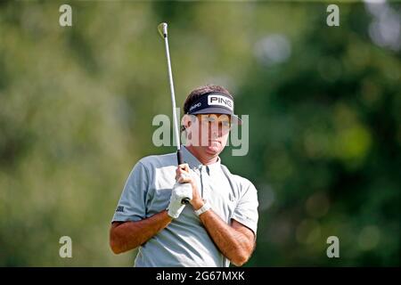 Detroit, MICHIGAN, Stati Uniti. 3 luglio 2021. Bubba Watson colpisce il suo tee shot sulla nona buca il 3 luglio 2021 durante il Rocket Mortgage Classic al Detroit Golf Club di Detroit, Michigan. Credit: Action Plus Sports/Alamy Live News Foto Stock