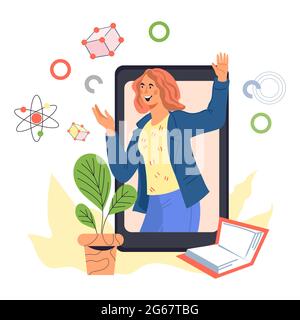 Corsi online a distanza e concetto di formazione a distanza con una donna sullo sfondo dello smartphone. Corsi di formazione e tecnologia internet di e-learning a distanza, Illustrazione Vettoriale