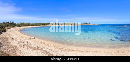 Spiaggia Puglia: Riserva naturale Torre Guaceto in Italia. Vista della costa e delle dune con macchia mediterranea. Foto Stock