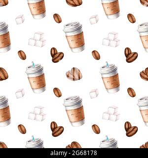 Disegno senza cuciture acquerello dipinto a mano illustrazione della tazza di caffè in movimento. Chicchi di caffè acquerelli, cubetti di zucchero isolati su sfondo bianco. Sfondo drink per il design del menu e tessuti Foto Stock