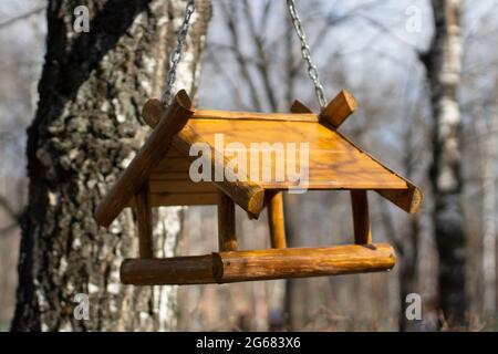 Una casa d'uccello. Una casa di uccelli in legno su un albero. Un luogo per nutrire gli uccelli all'esterno. Foto Stock