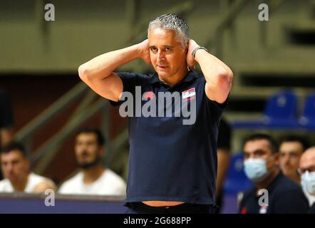 Belgrado. 3 luglio 2021. Il capo allenatore serbo Igor Kokoskov reagisce durante la partita semifinale di pallacanestro del torneo olimpico di qualificazione FIBA tra Serbia e Porto Rico a Belgrado, Serbia, il 3 luglio 2021. Credit: Predrag Milosavljevic/Xinhua/Alamy Live News Foto Stock