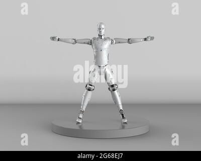 rendering 3d di robot vitruviano o cyborg su sfondo grigio Foto Stock