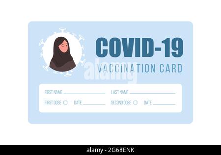 Concetto di carta di vaccinazione. Modello vuoto con foto femminile. La donna islamica riceve l'iniezione del vaccino Covid 19. Controllo della sicurezza del coronavirus Illustrazione Vettoriale