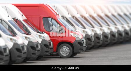 Furgone rosso in fila di furgoni bianchi. Miglior servizio di consegna espresso e shipemt. illustrazione 3d Foto Stock