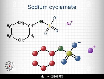 Molecola di ciclamato di sodio. Il ciclamato è un dolcificante artificiale, additivo alimentare E952 . Formula chimica strutturale e modello molecolare. Foglio di carta Illustrazione Vettoriale