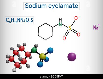 Molecola di ciclamato di sodio. Il ciclamato è un dolcificante artificiale, additivo alimentare E952 . Formula chimica strutturale e modello molecolare Illustrazione Vettoriale