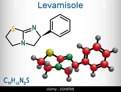 Molecola di levamisolo. È un farmaco antielmintico per il trattamento di infezioni batteriche, virali e parassitarie. Formula chimica strutturale e molecola Illustrazione Vettoriale