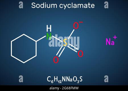Molecola di ciclamato di sodio. Il ciclamato è un dolcificante artificiale, additivo alimentare E952 . Formula chimica strutturale su sfondo blu scuro Illustrazione Vettoriale