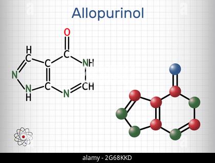 Molecola di allopurinolo. Il farmaco è inibitore della xantina ossidasi, usato per diminuire i livelli elevati di acido urico nel sangue. Foglio di carta in gabbia. Illustrazione vettoriale Illustrazione Vettoriale