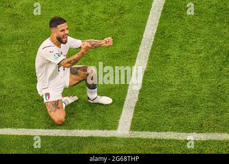 Lorenzo Insigne, ITA 10 festeggia il suo obiettivo, felice, risata, celebrazione, 0-2 nella partita finale Belgio - ITALIA 1-2 ai Campionati europei UEFA di calcio 2020 nella Stagione 2020/2021 il 02 luglio 2021 a Monaco, Germania. © Peter Schatz / Alamy Live News Foto Stock