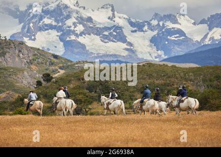 Attività di equitazione presso il remoto ranch Estancia la Peninsula, la penisola di Antonio Varas, Puerto Natales, Patagonia, Cile meridionale Foto Stock