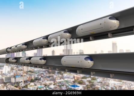 Tecnologia di trasporto con rendering 3d ad alta velocità treni di automazione nei tunnel Foto Stock