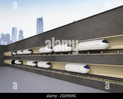 Tecnologia di trasporto con rendering 3d ad alta velocità treni di automazione nei tunnel Foto Stock