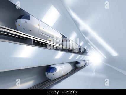 Tecnologia di trasporto con rendering 3d ad alta velocità treni di automazione nei tunnel Foto Stock