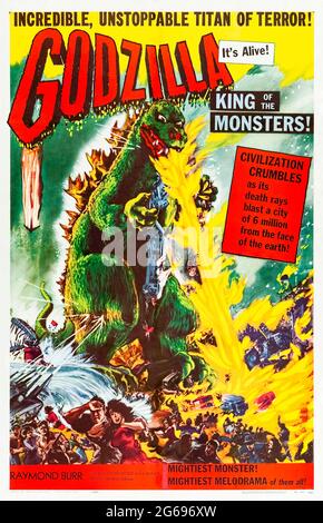 Godzilla, re dei mostri! (1976) diretto da Ishirô Honda e Terry O. Morse e interpretato da Raymond Burr, Takashi Shimura e Momoko Kôchi. Americanizzazione del film giapponese del 1954 Godzilla con ri-doppiati e nuove scene con Raymond Burr e introdotto il dio del mostro marino risvegliato dai test nucleari nel mondo al di fuori del Giappone. Fotografia di un poster originale restaurato con rivestimento in lino da 1956 US a un foglio. Crediti: BFA / immagini dell'ambasciata Foto Stock