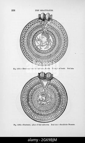Ornamenti vichinghi e gioielli del libro 'l'età vichinga: La storia, le maniere e le usanze degli antenati delle nazioni anglofoni' Volume 2 di Du Chaillu, Paul B. (Paul Belloni), pubblicato a New York dai figli di C. Scribner nel 1890 Foto Stock