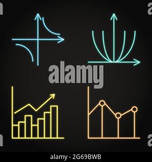 Icone di matematica neon impostate in stile linea. Funzioni e curve, grafici e grafici. Illustrazione vettoriale. Illustrazione Vettoriale
