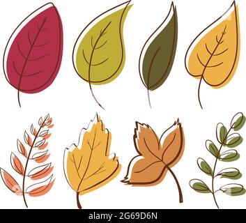 Set di foglie disegnate a mano in colori pastello isolate su sfondo bianco. Illustrazione botanica vettoriale. Elementi a base di erbe di doodle disegnati a mano. Vettore vegetale primaverile ed estivo in linea d'arte o in linea. Illustrazione Vettoriale