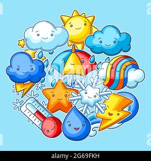 Sfondo con carino elementi meteo kawaii. Divertente illustrazione stagionale per bambini. Illustrazione Vettoriale