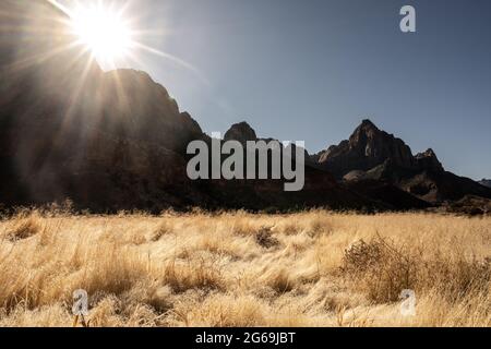 Sunburst sopra i Watchmen e campo erboso dal Parus Trail nel Parco Nazionale di Zion Foto Stock