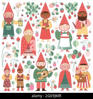 Strawberry Garden Gnomes e Elves Society Illustrazione Vettoriale