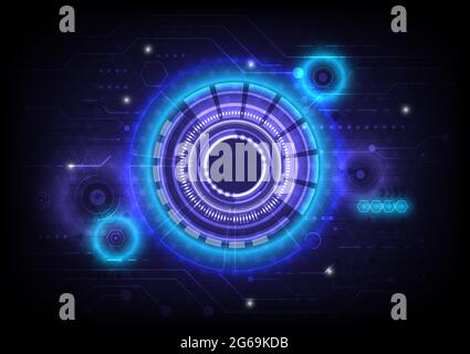 Scheda a circuito stampato. Ologramma futuristico Sci-Fi luminoso cerchio HUD. Retroscena hi-tech. Interfaccia display head-up. tecnologia di realtà virtuale Illustrazione Vettoriale
