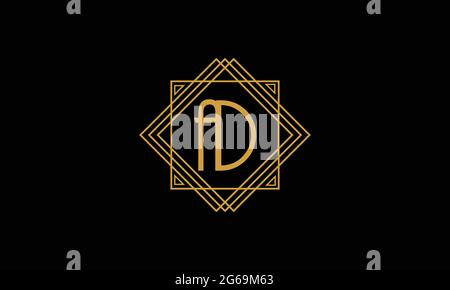 Connected Joint Letters A e D Art deco logo minimalista in colore oro isolato su sfondo nero con cornice quadrata Illustrazione Vettoriale