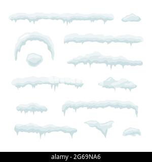 Set di tappi per ghiaccio. Rondini di neve, iciclette, elementi decorazione invernale. Illustrazione Vettoriale