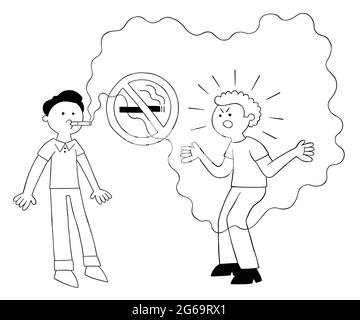 Fumetto uomo fumo in un luogo in cui il fumo è vietato e l'altro uomo che si arrabbiano, illustrazione vettoriale. Contorno nero e colore bianco. Illustrazione Vettoriale