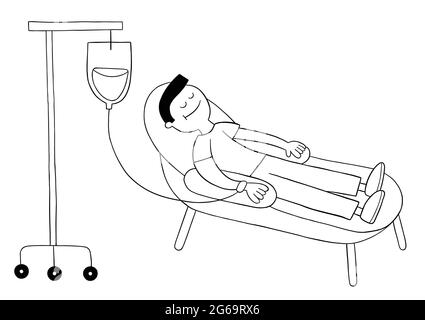 Fumetto uomo donando sangue, illustrazione vettoriale. Contorno nero e colore bianco. Illustrazione Vettoriale
