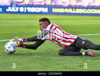 03 luglio 2021: Portiere di Philadelphia, Andre Blake (18), durante il riscaldamento della partita di MLS tra la Philadelphia Union e Nashville SC al Nissan Stadium di Nashville, Tennessee. Kevin Langley/CSM Foto Stock