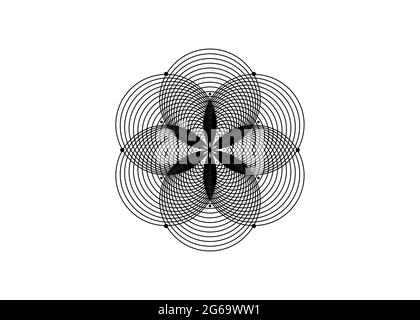 Seme di vita simbolo geometria Sacra. Logo rotondo icona mistica geometrica mandala di alchimia esoterica fiore della vita. Vettore di cerchi neri interlacciati Illustrazione Vettoriale
