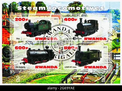 MOSCA, RUSSIA - 28 MARZO 2020: Quattro francobolli stampati in Ruanda mostra Steam locomotives serie, circa 2013 Foto Stock